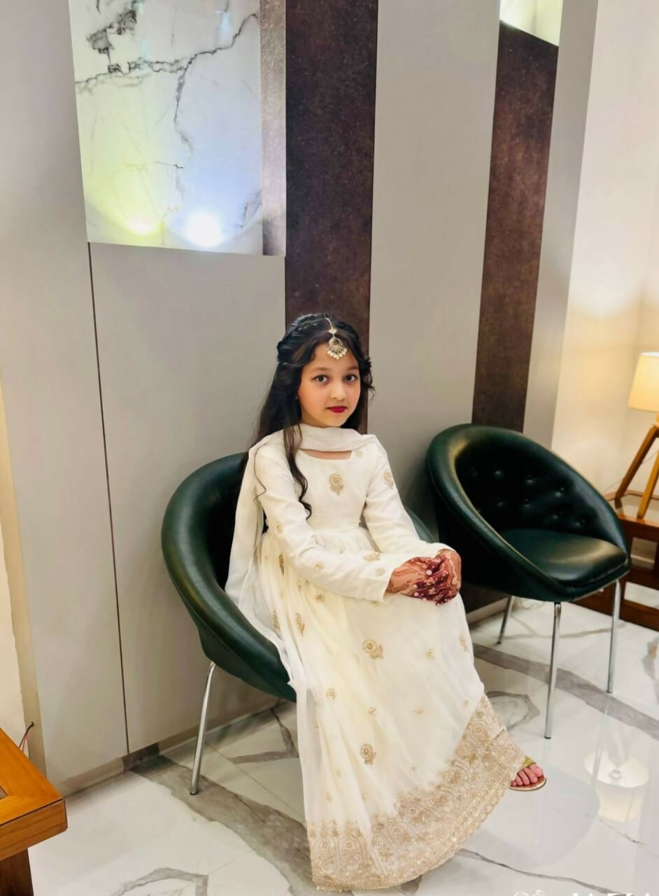 Teeya Creation New Kids Wedding Wear Heavy Embroidery Sequence Work Kurta Gown Set-White | Grocsy