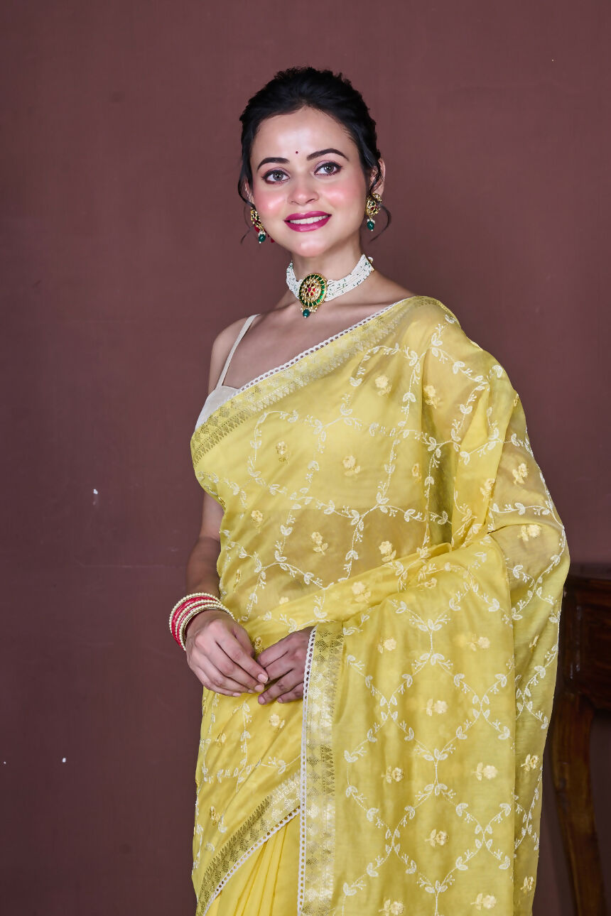 Morchari Yellow Cotton Chanderi Embroidery Saree Unstitched Blouse | Grocsy