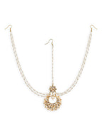 Gold-Polished White Kundan-Studded Faux Pearl Beaded Maathapatti - Ruby Raang | Grocsy