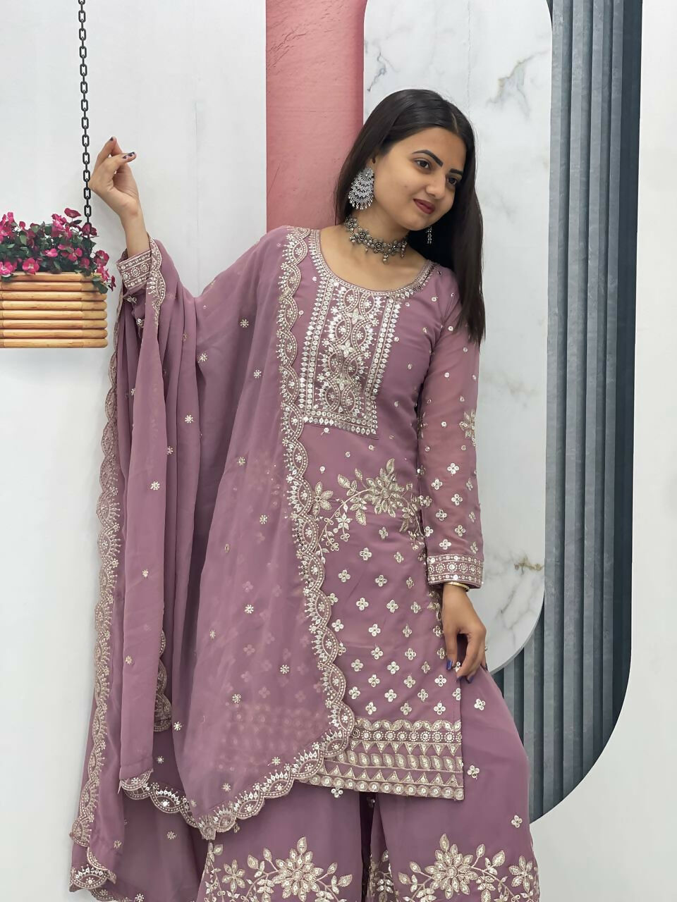 Teeya Creation Womens New Heavy Fox Georgette Fabric With Heavy Embroidery Work Kurta Set | Grocsy