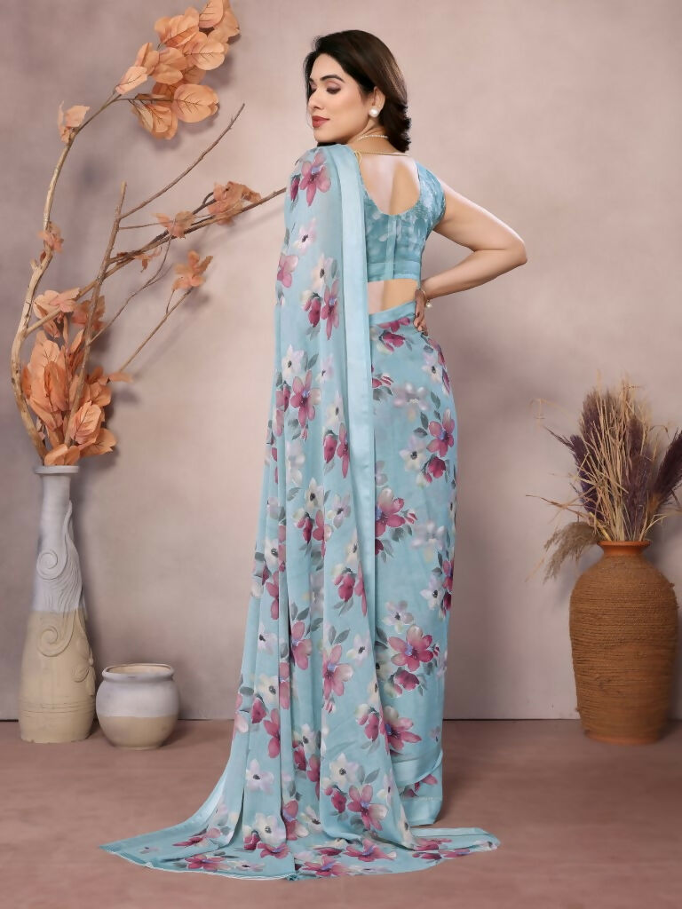 Designer Partywear Light Blue Bright Moss Satin Patta Fancy Saree - Kanak | Grocsy