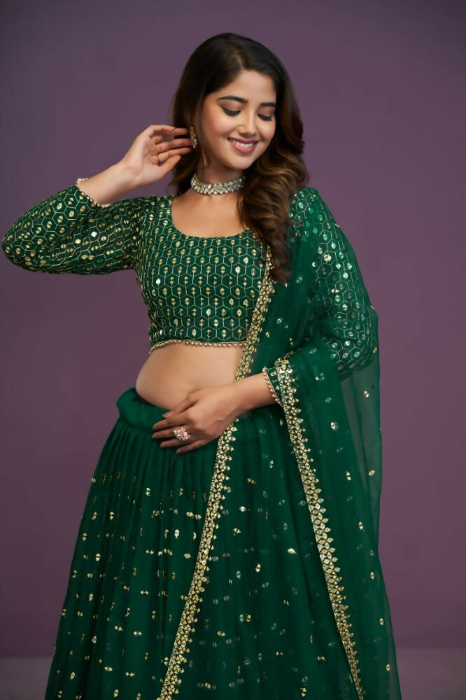 Green Georgette Embroidery Sequence Work Lehenga Choli Set - Jihu Culture | Grocsy