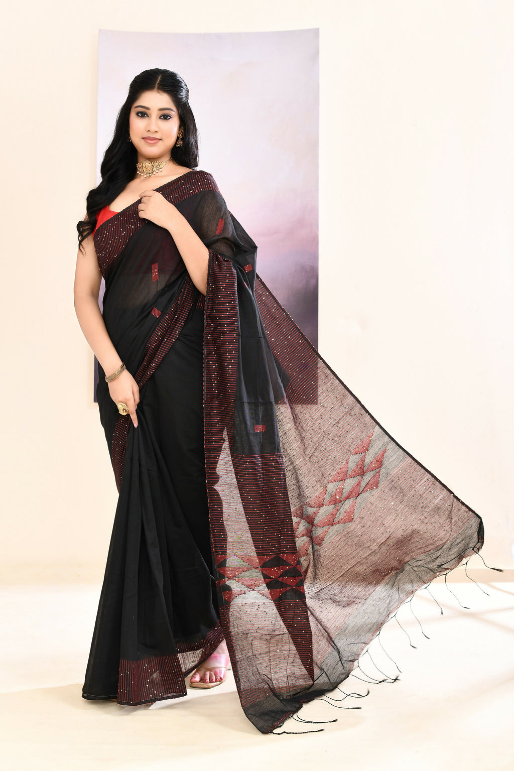 Piyari Fashion Women's Black Sequins Embellished Cotton Blend Jamdani Saree | Grocsy