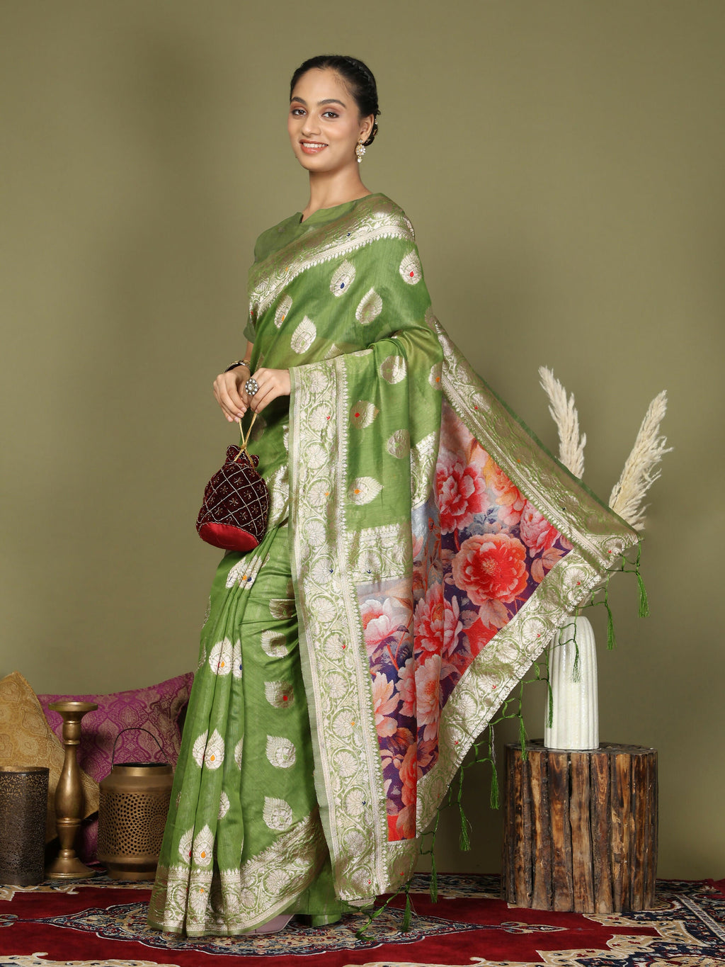 Shree Shyam Fashion Linen Cotton Green Saree | Grocsy