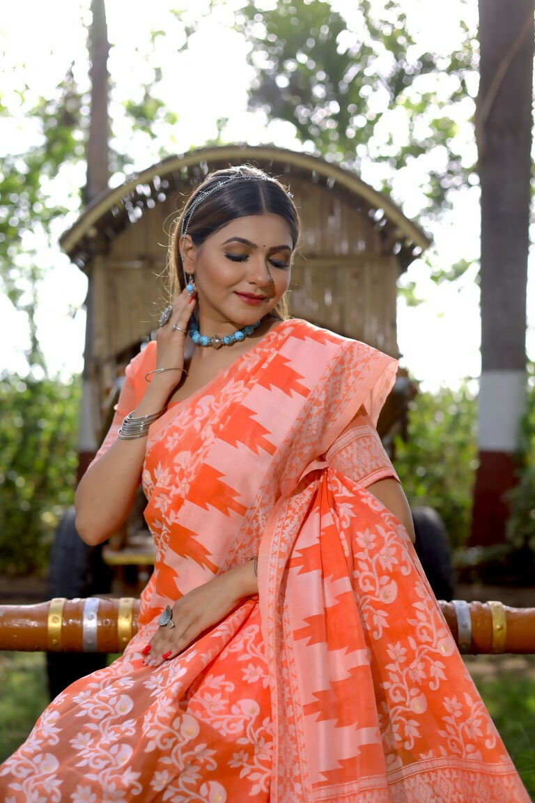 Partywear Designer Orange Jamdani contton Fancy Saree - Starwalk | Grocsy
