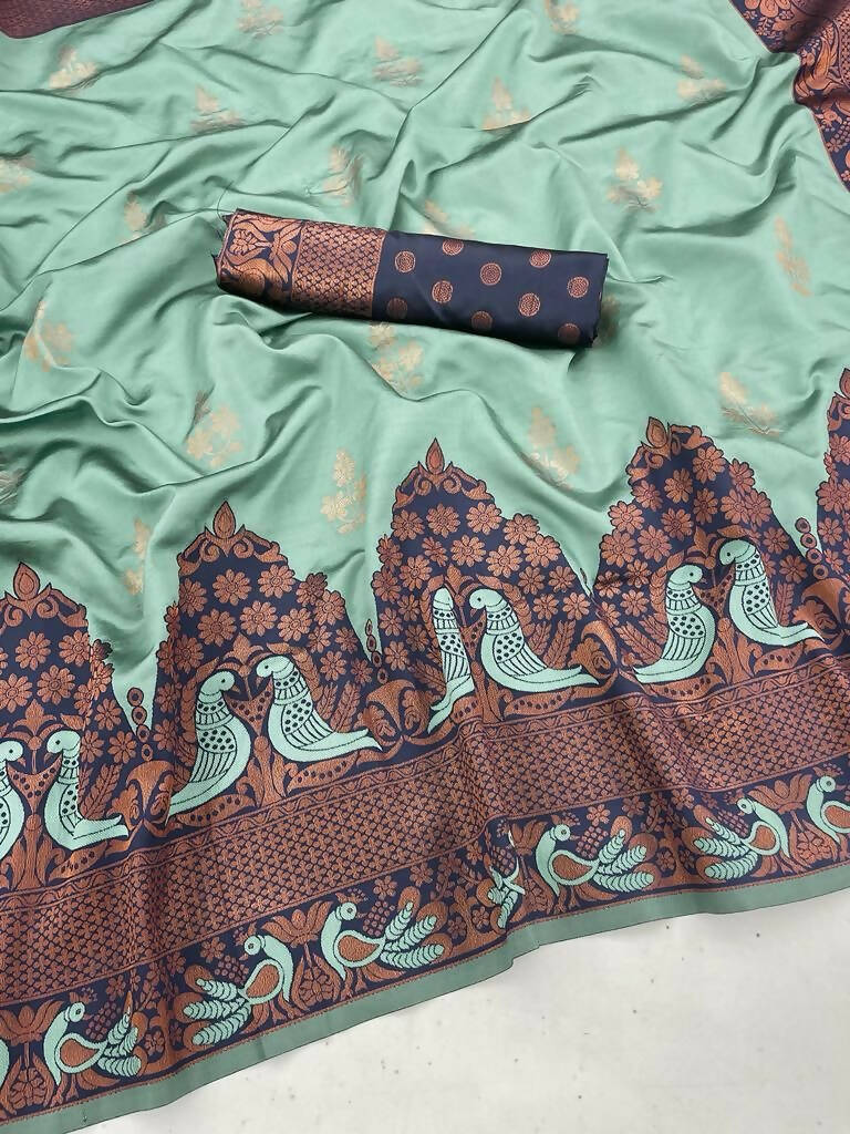 DEIANA'S Beautiful Designer Golden zari Soft Lichi Silk Saree - Sky | Grocsy