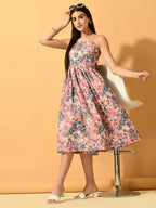 Myshka Women's Pink Fit and Flare Party Dress | Grocsy