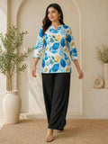 Teeya Creation New Latest Women White Blue Leaf Printed Cotton Kurti with Black Palazzo Set | Grocsy