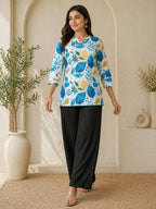 Teeya Creation New Latest Women White Blue Leaf Printed Cotton Kurti with Black Palazzo Set | Grocsy