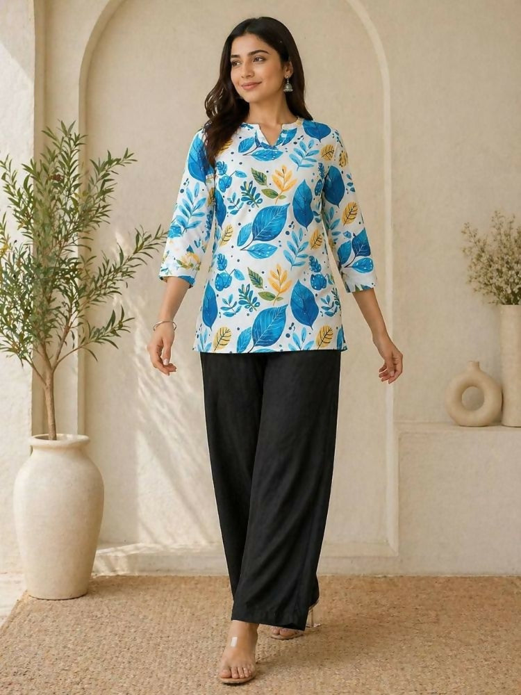 Teeya Creation New Latest Women White Blue Leaf Printed Cotton Kurti with Black Palazzo Set | Grocsy