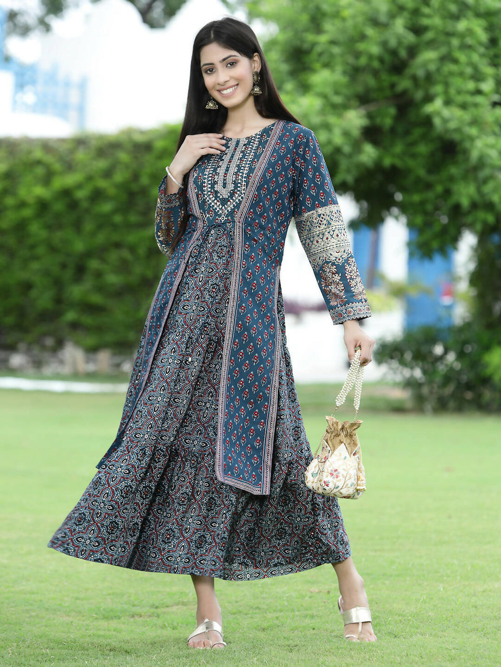 Juniper Women Teal Chanderi Festive Printed Tiered Kurta | Grocsy