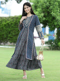 Juniper Women Teal Chanderi Festive Printed Tiered Kurta | Grocsy