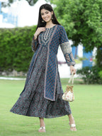 Juniper Women Teal Chanderi Festive Printed Tiered Kurta | Grocsy