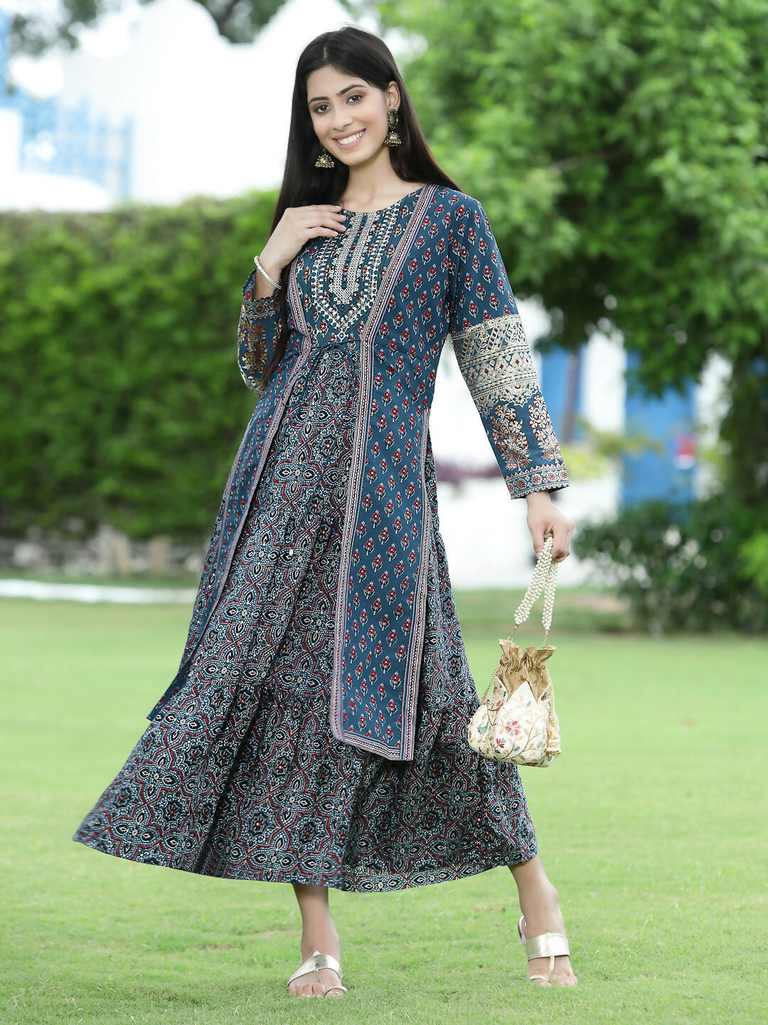 Juniper Women Teal Chanderi Festive Printed Tiered Kurta | Grocsy