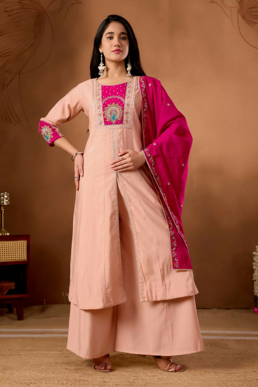 Lehenga Mart Designer Front-Slit Kurta, Paired With Wide-Leg Palazzo Pants And A Dupatta.-Peach | Grocsy