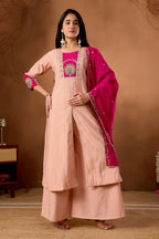 Lehenga Mart Designer Front-Slit Kurta, Paired With Wide-Leg Palazzo Pants And A Dupatta.-Peach | Grocsy