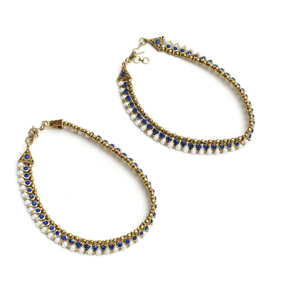 Mominos Fashion Kamal Johar Blue Kundan Anklets | Grocsy