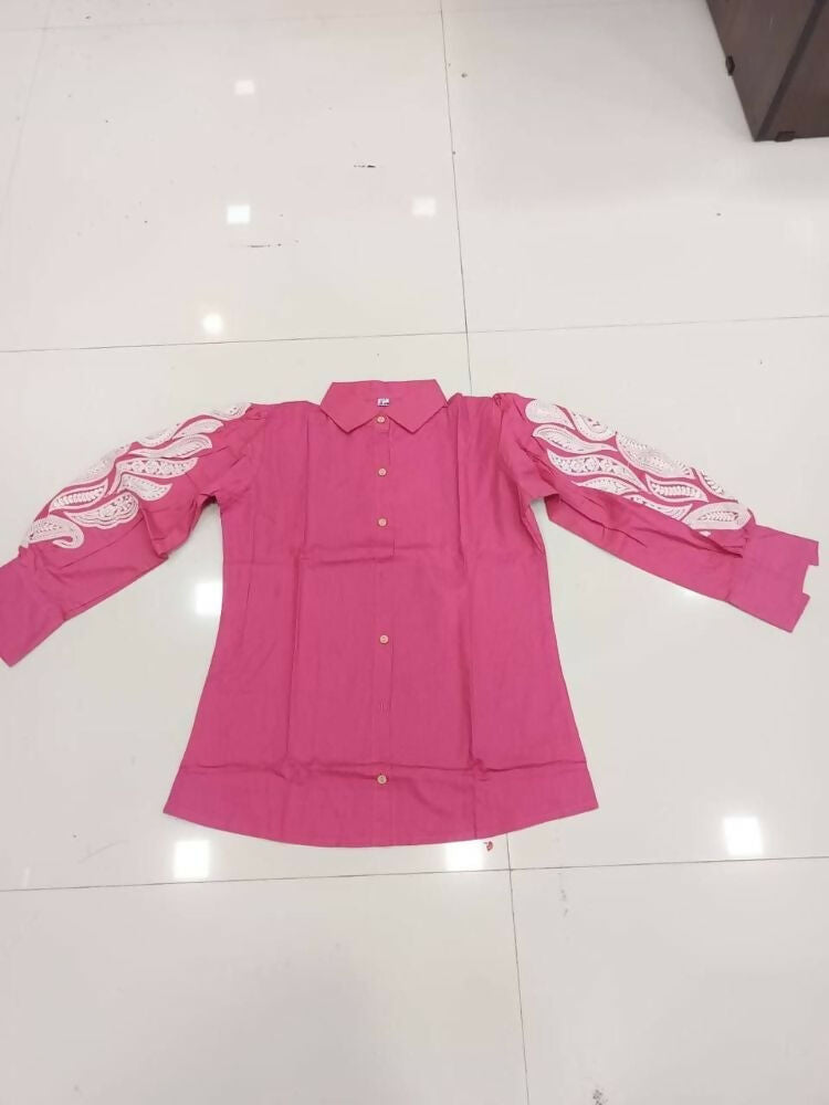 Teeya Creation Women Trendy Pink Cotton Button-Down Top with White Contrast Embroidered Sleeves | Grocsy