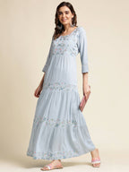 Sky Blue Chinon Floral Embroidered Dress - Nandani | Grocsy