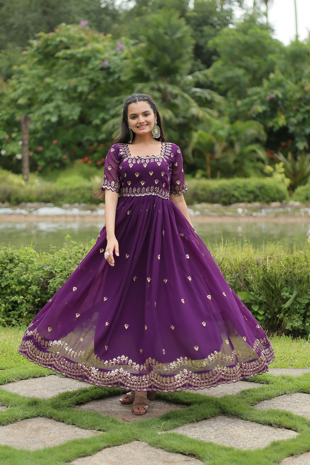 Joban Fashion Purple Georgette Sequence Embroidery Work Gown | Grocsy