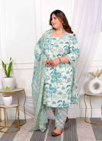 Miravan Women's Plus Size Cotton Light Green Scenic Birds And Leaf Floral Printed Straight Pakistani Style Suit Set | Grocsy