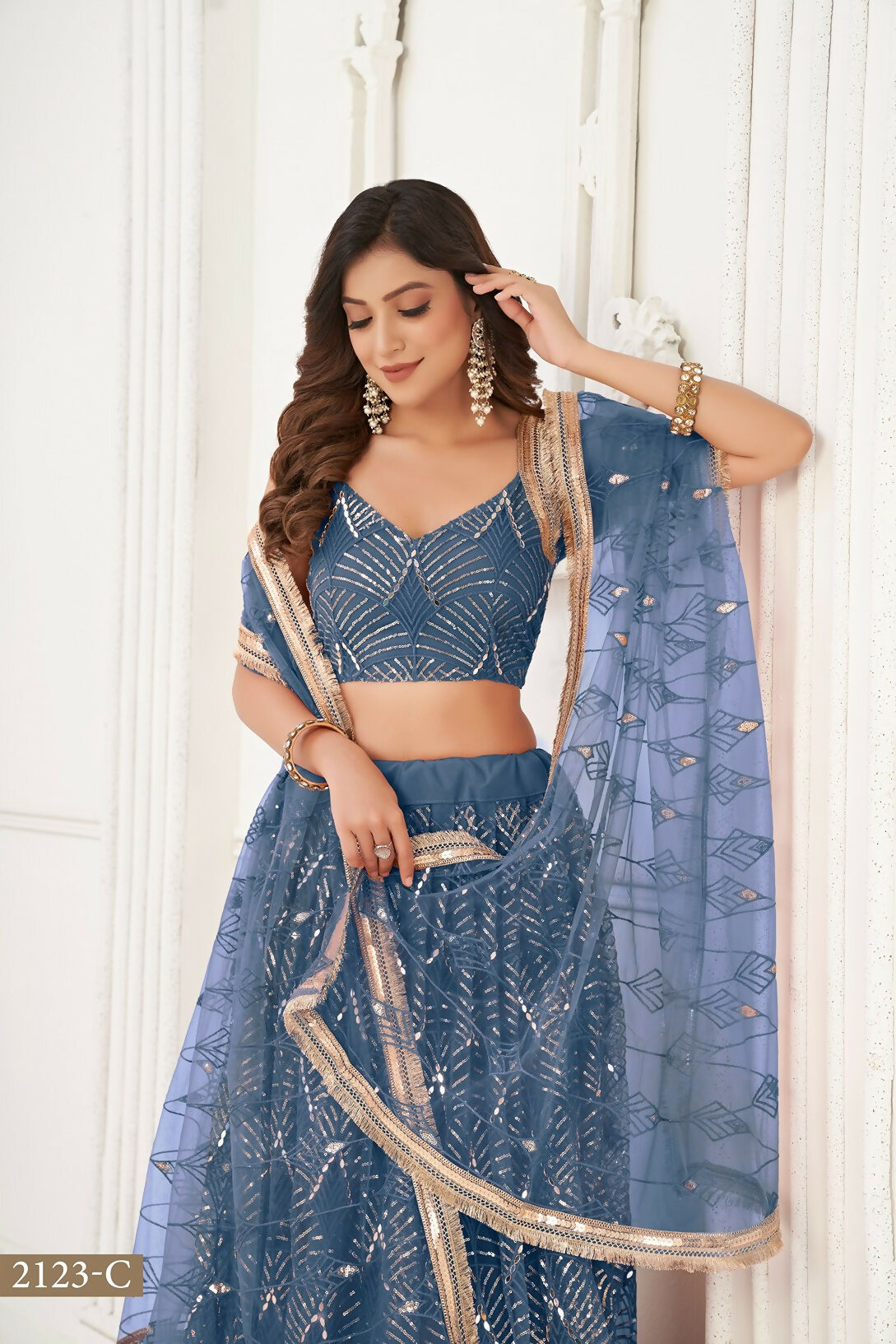 Eilara Glamorous Turquoise Net With Sequins And Thread Embroidery Real Mirror Work Lehenga Choli For Wedding | Grocsy