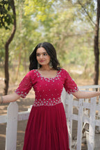 Vastranavya Faux Blooming with Beads embroidery-work Gown - Pink | Grocsy
