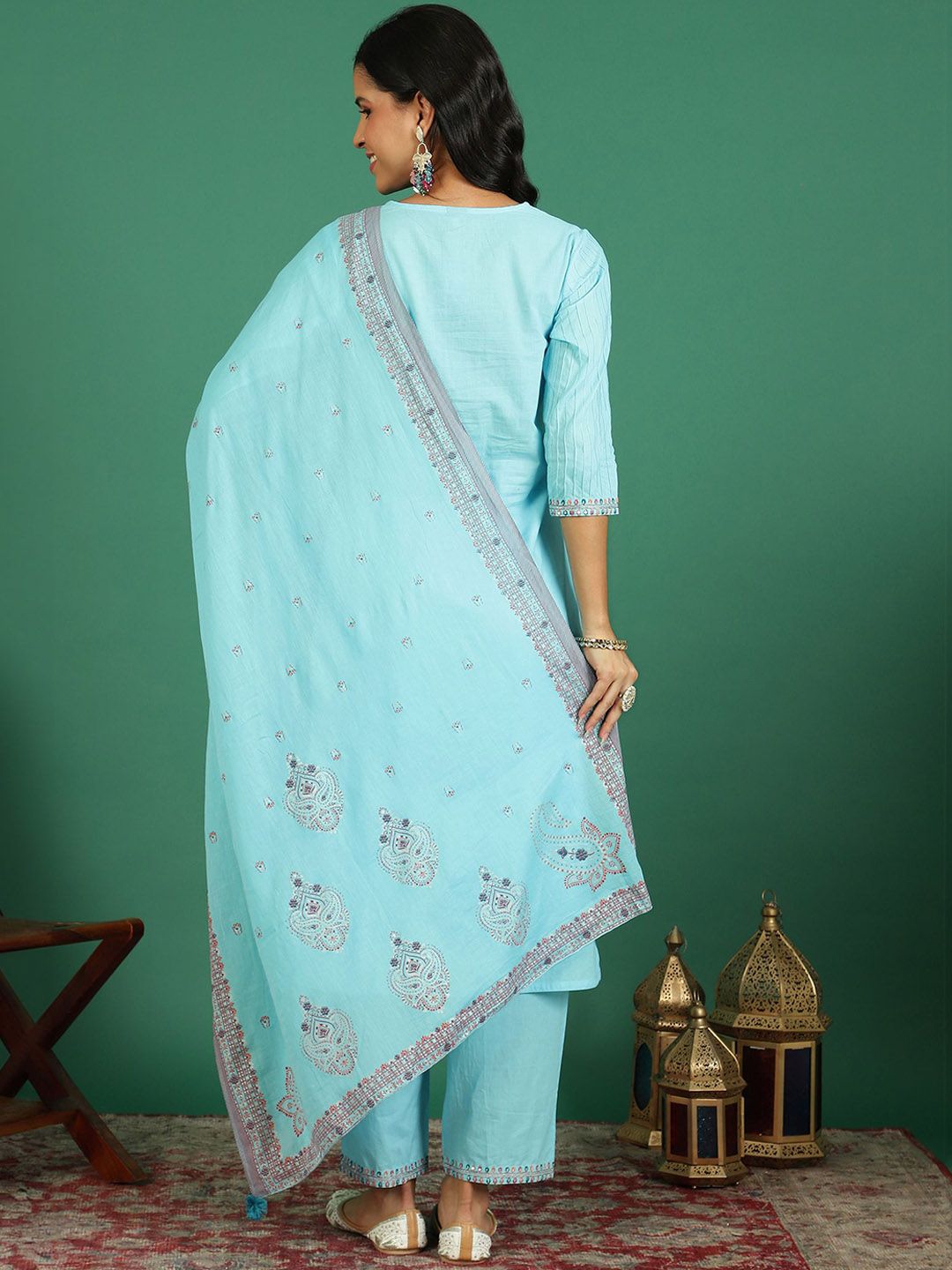 Sangria Embroidered Cotton Kurta With Trousers & Dupatta | Grocsy