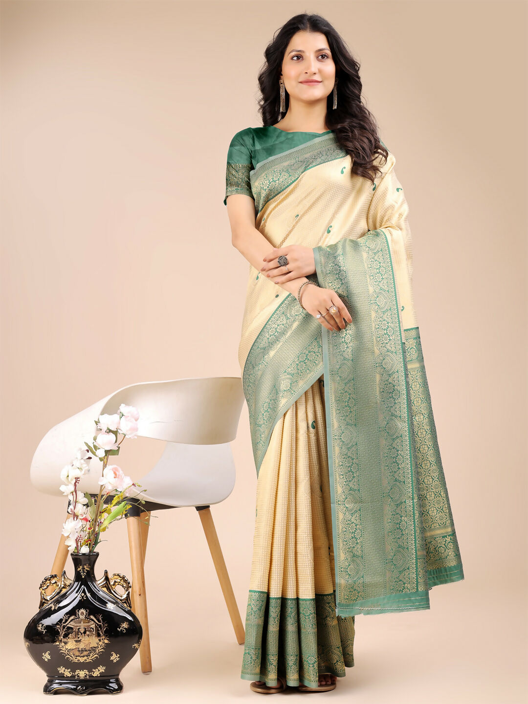 Shree Shyam Fashion Aura Silk Cream Green Banarasi Silk Saree | Grocsy