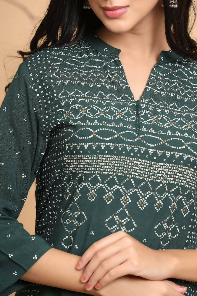 Juniper Women Jade Green Rayon Slub Bandhani Printed A-Line Kurta | Grocsy