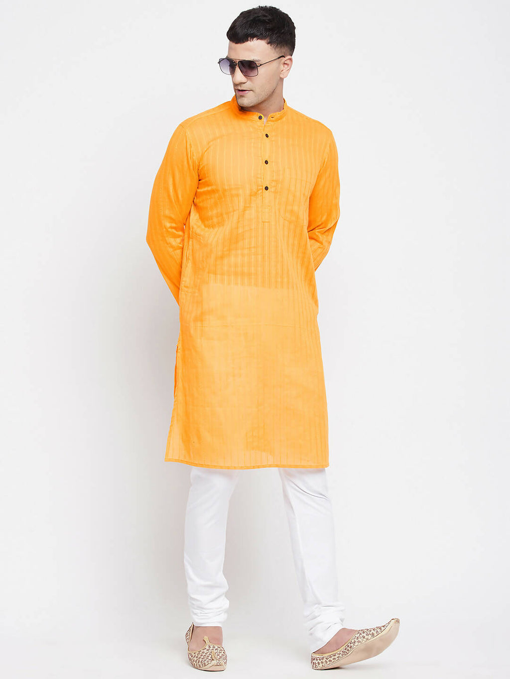 Even Apparels Men's Pure Cotton Kurta With Band Collar in Yellow Color | Grocsy
