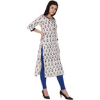 Kanoor Women's White and Blue Cotton Straight Kurti | Grocsy