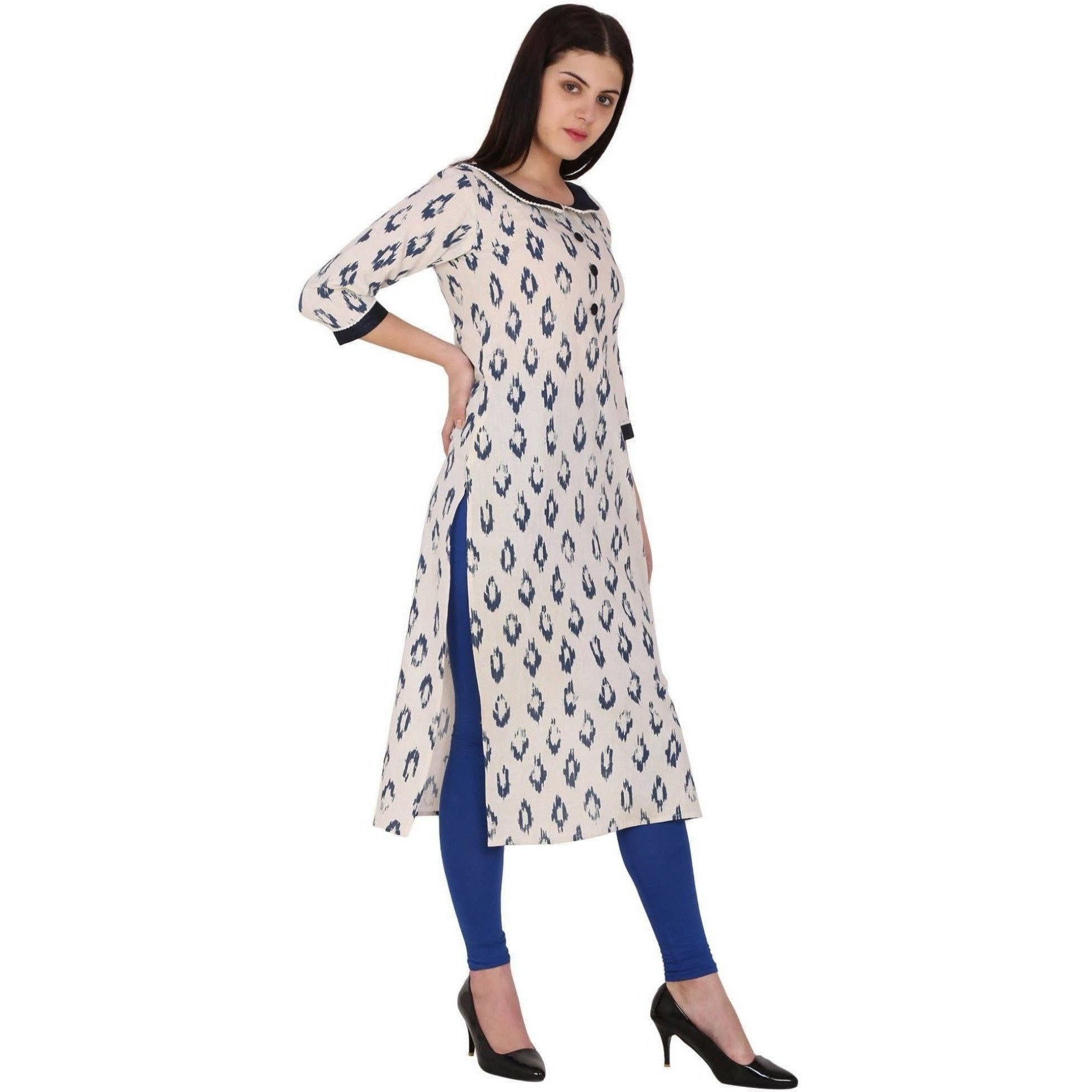 Kanoor Women's White and Blue Cotton Straight Kurti | Grocsy