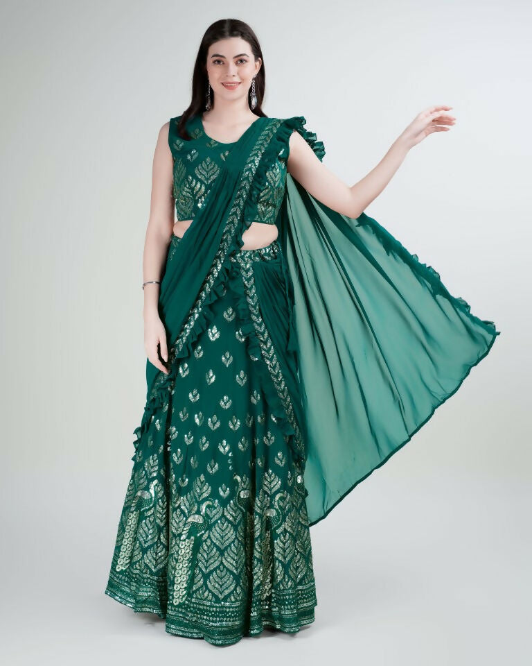 Green Georgette Sequence Embroidered Lehenga Choli with Dupatta - Tanya | Grocsy