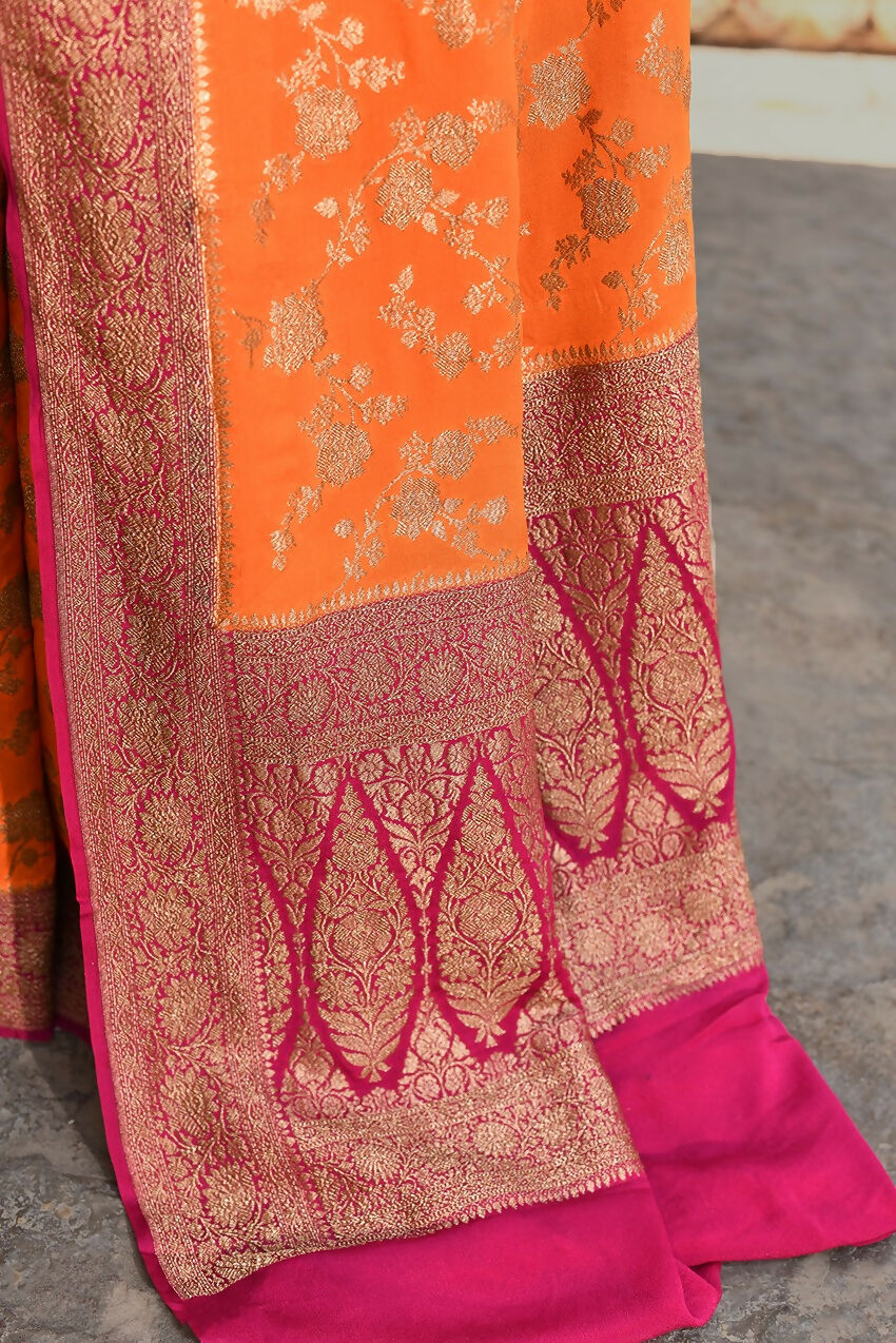 Joban Fashion Orange Crepe Chiffon Pure Handloom Banarasi Silk Saree | Grocsy