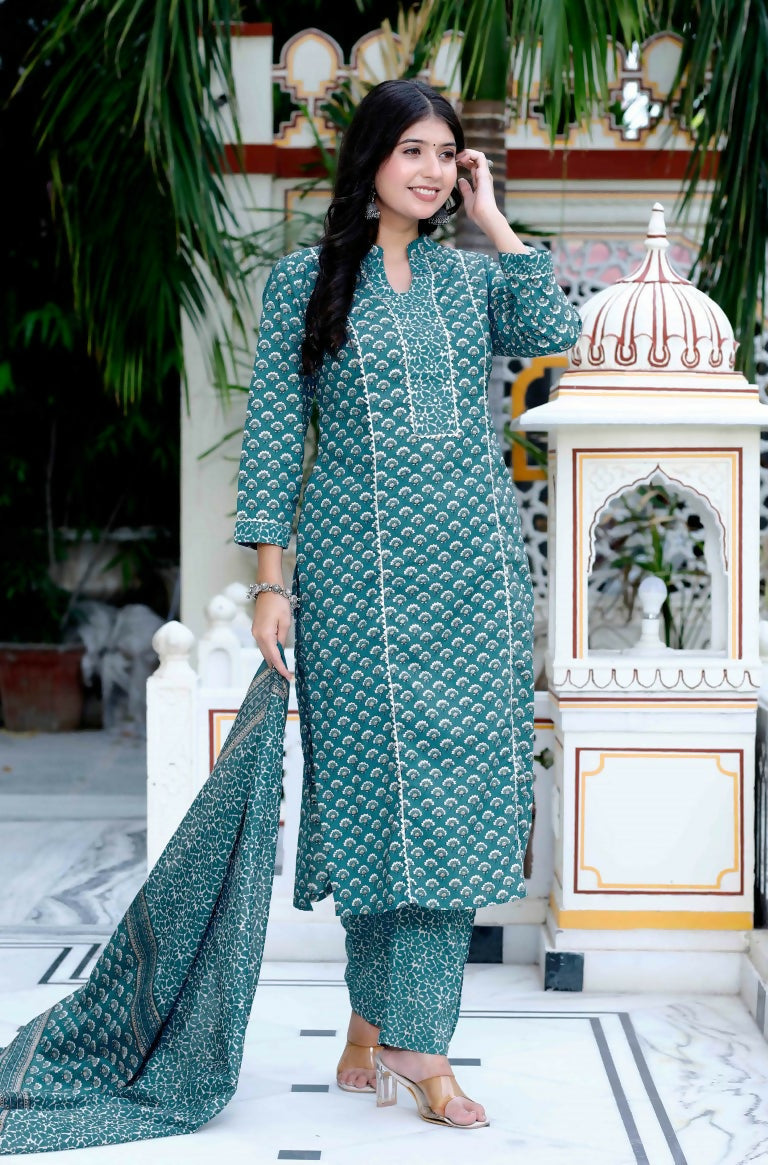 Miravan Women's Cotton Straight Style Blue Kurta With Palazzo And Dupatta | Grocsy