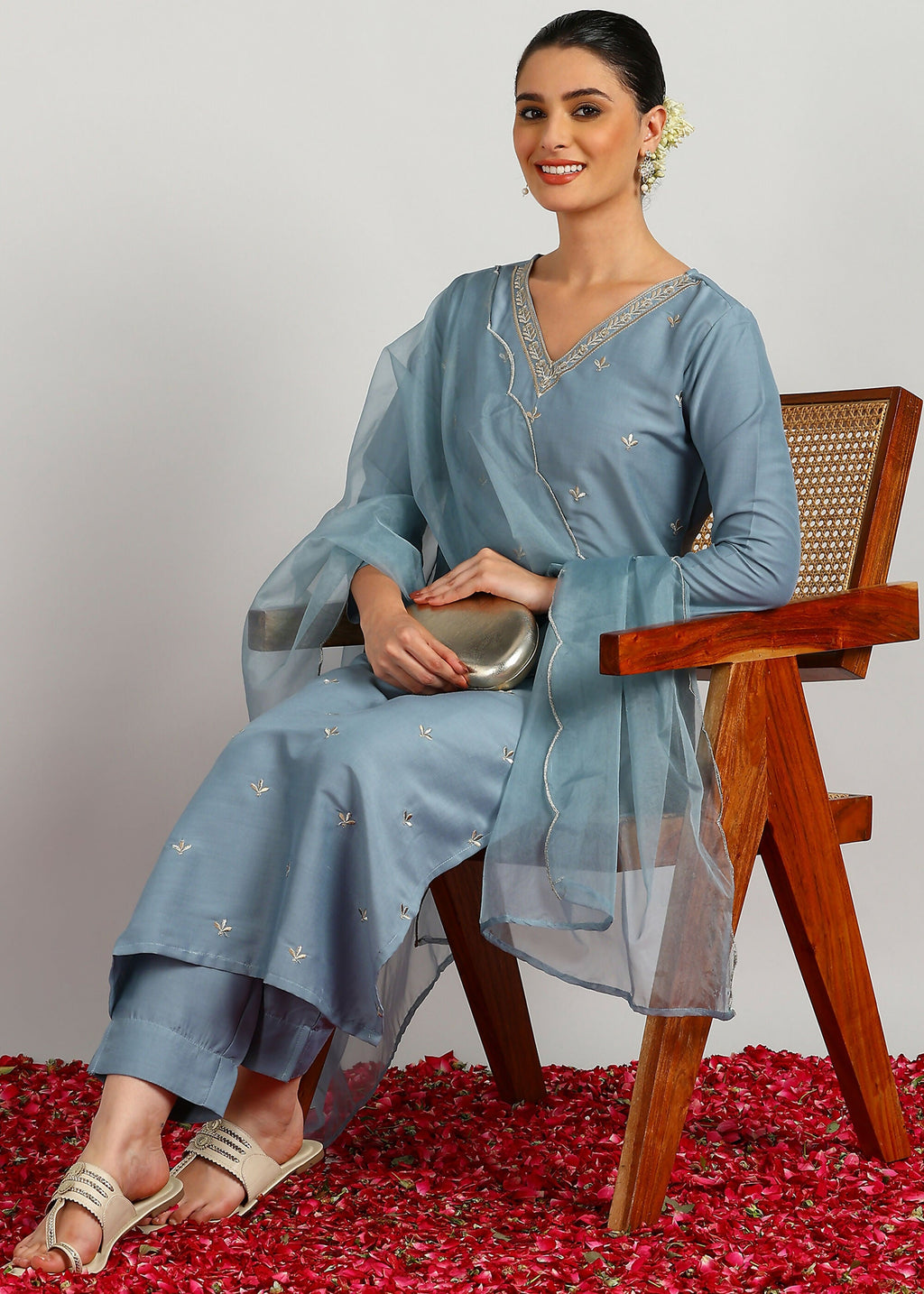 Aavyora Women's Sky Grey Embroidered Kurta Set with Dupatta | Grocsy
