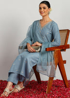 Aavyora Women's Sky Grey Embroidered Kurta Set with Dupatta | Grocsy