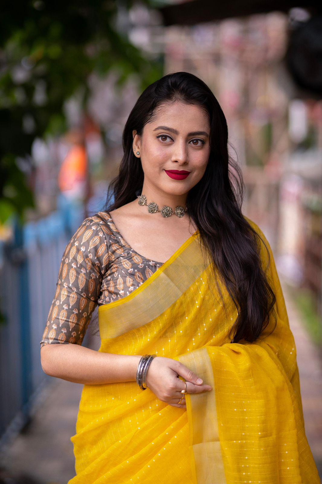 Mustard Linen Sequence Saree with Unstitched Blouse - Hiral Fashion | Grocsy