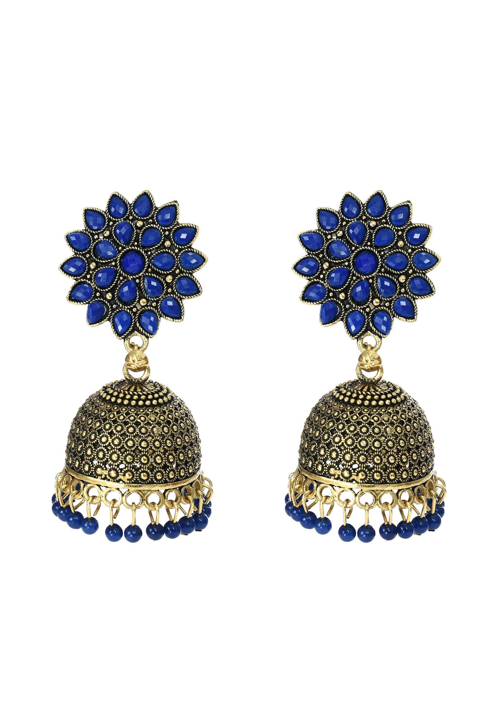 Mominos Fashion Johar Kamal Kundan Work Jhumka With Blue Beads For Women