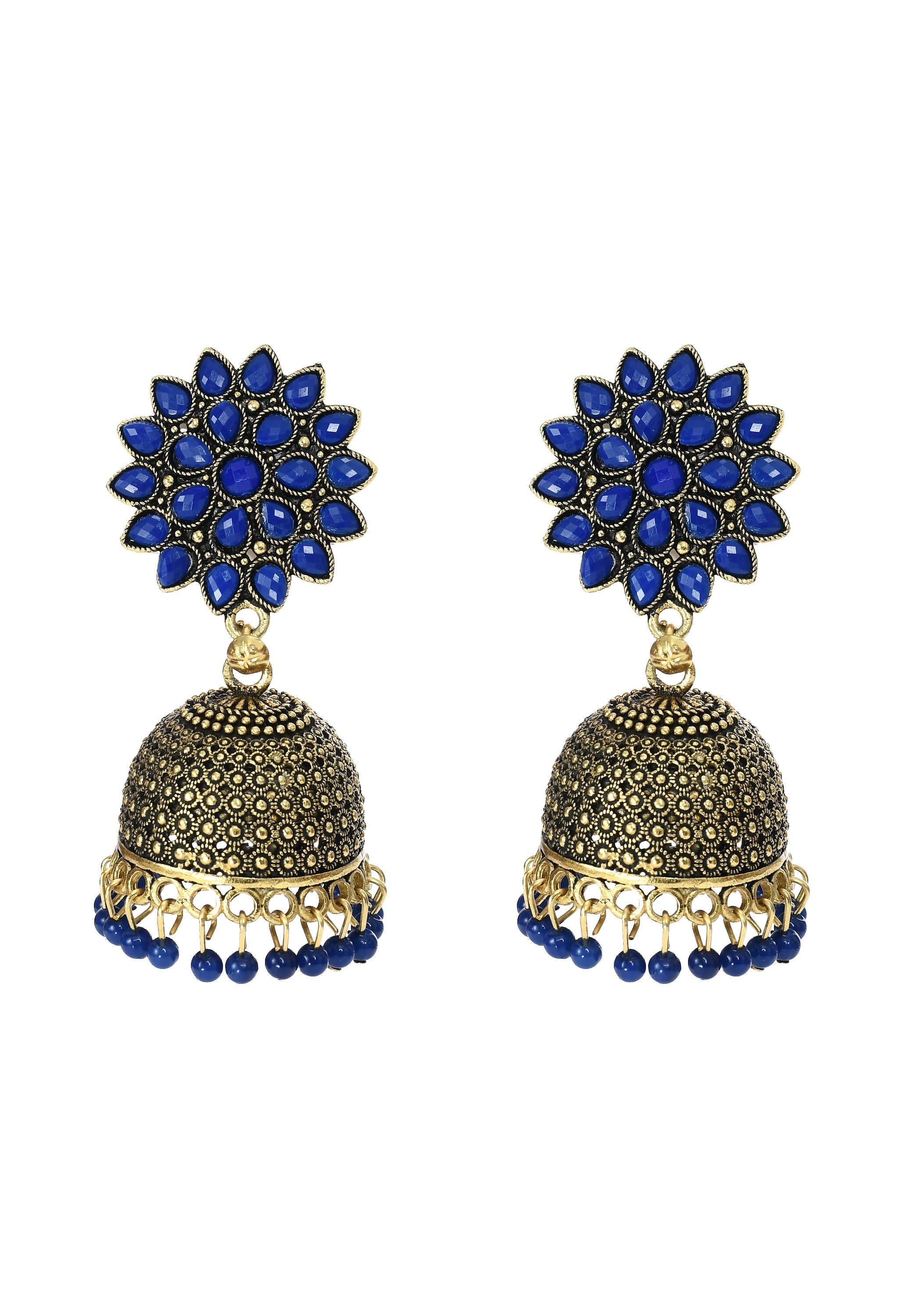 Mominos Fashion Johar Kamal Kundan Work Jhumka With Blue Beads For Women