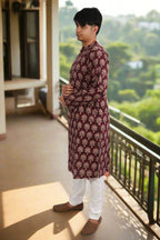 Souchii Men Burgundy Pure Cotton Ethnic Motif Printed Straight Kurta | Grocsy