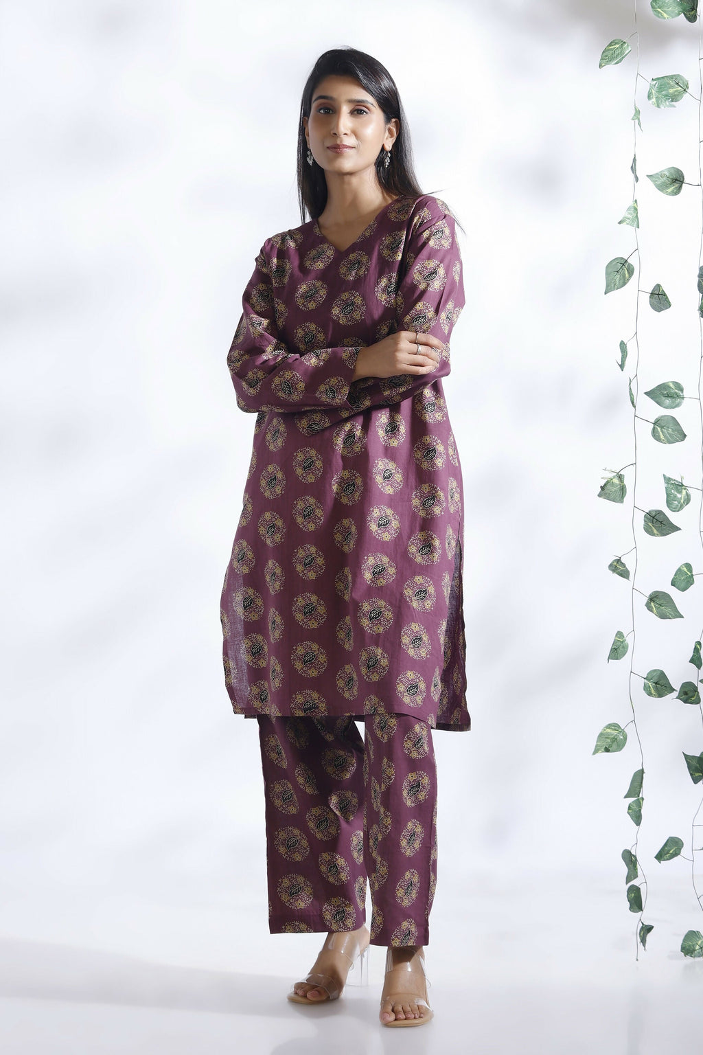 Breathables Wine Butta Print Cotton Kurta & Pants Set | Grocsy