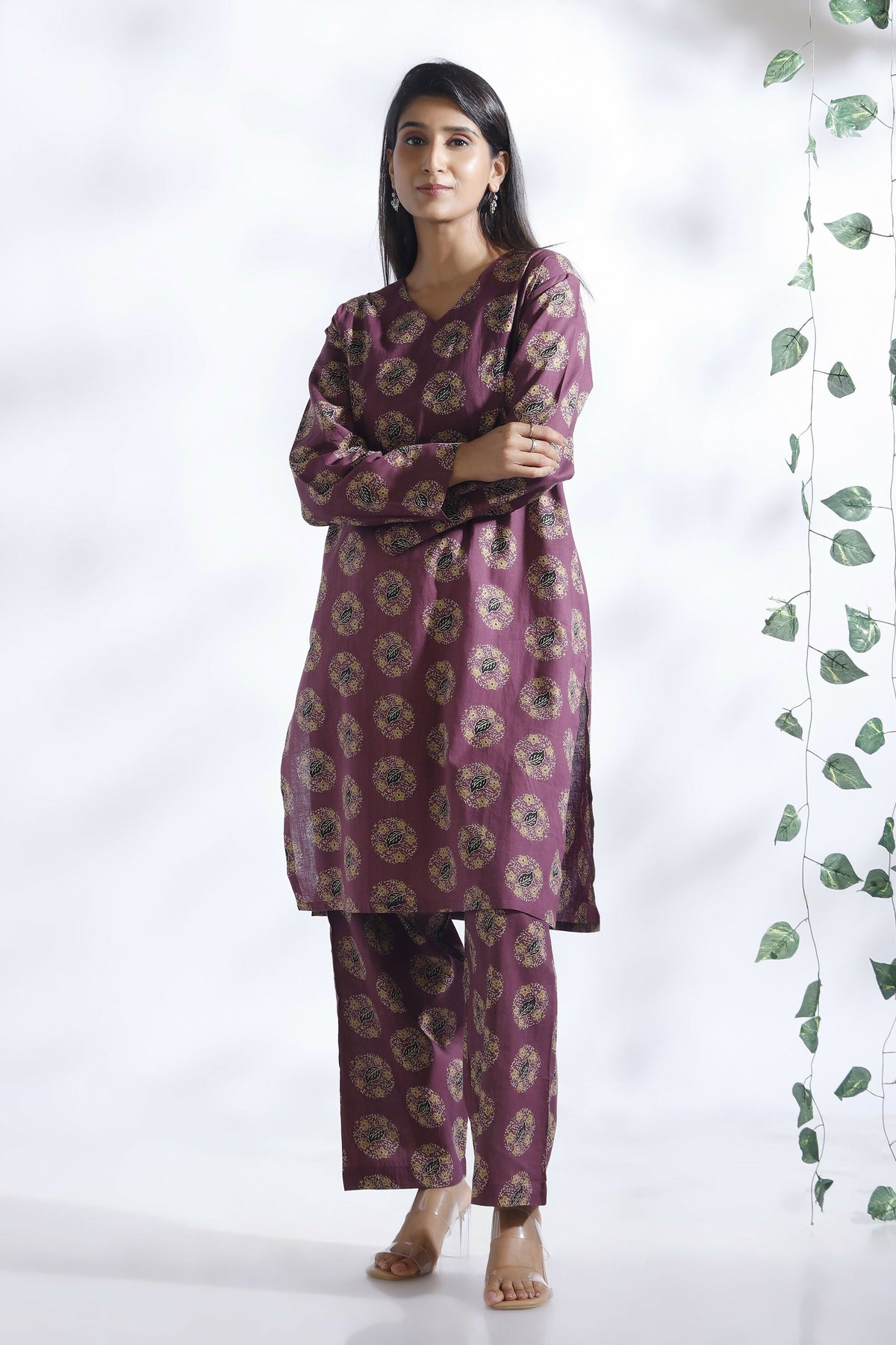 Breathables Wine Butta Print Cotton Kurta & Pants Set | Grocsy