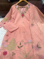 Teeya Creation Premium Peach Chanderi Silk Floral Embroidered Straight Kurta Pant Set With Dupatta For Women | Grocsy