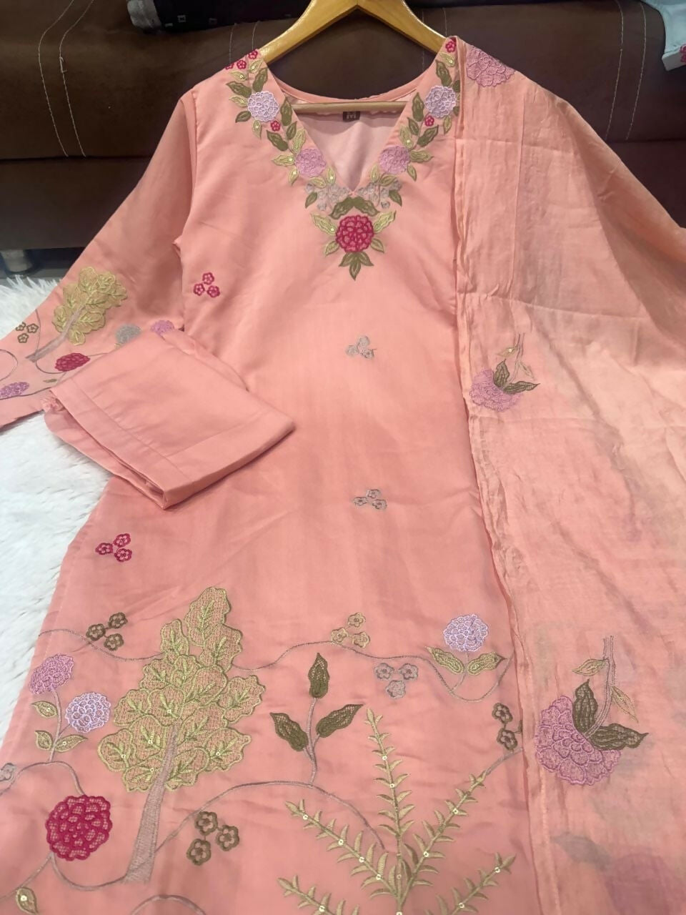 Teeya Creation Premium Peach Chanderi Silk Floral Embroidered Straight Kurta Pant Set With Dupatta For Women | Grocsy