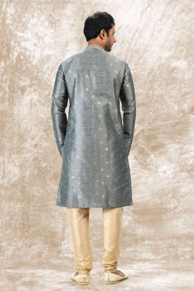Raivat Ethnic Jacquard Silk Brocade Thread Work Kurta Pajama In Grey Colour | Grocsy