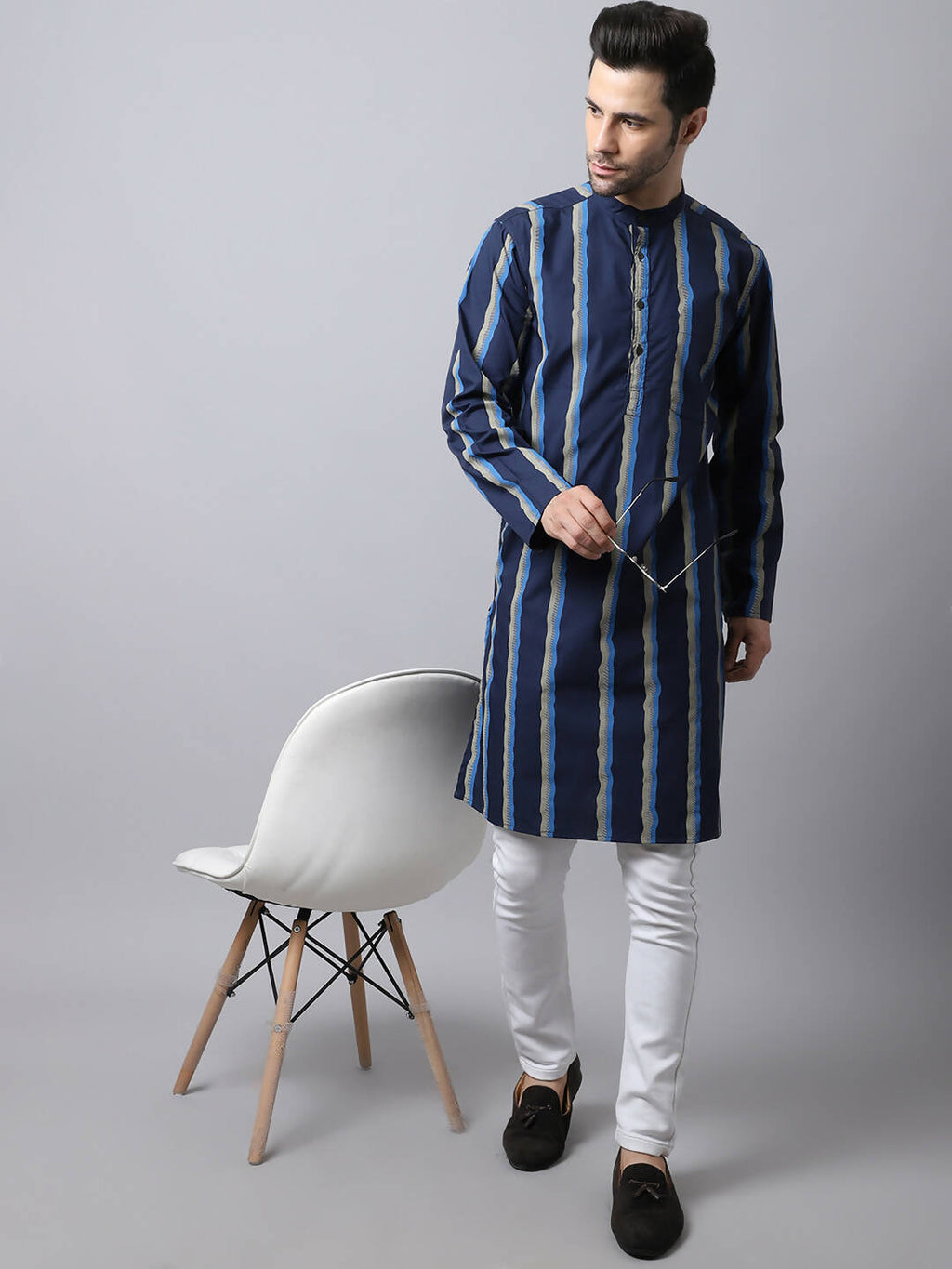 Even Apparels Navy Pure Cotton Men's Kurta With Band Collar (STR1169) | Grocsy