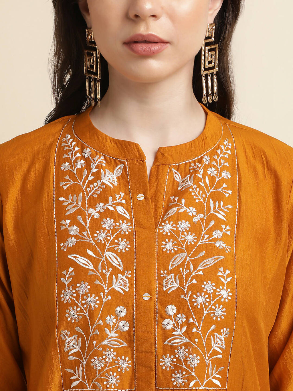 Mustard Chinon Yoke Embroidered A-line Top - Tarini | Grocsy