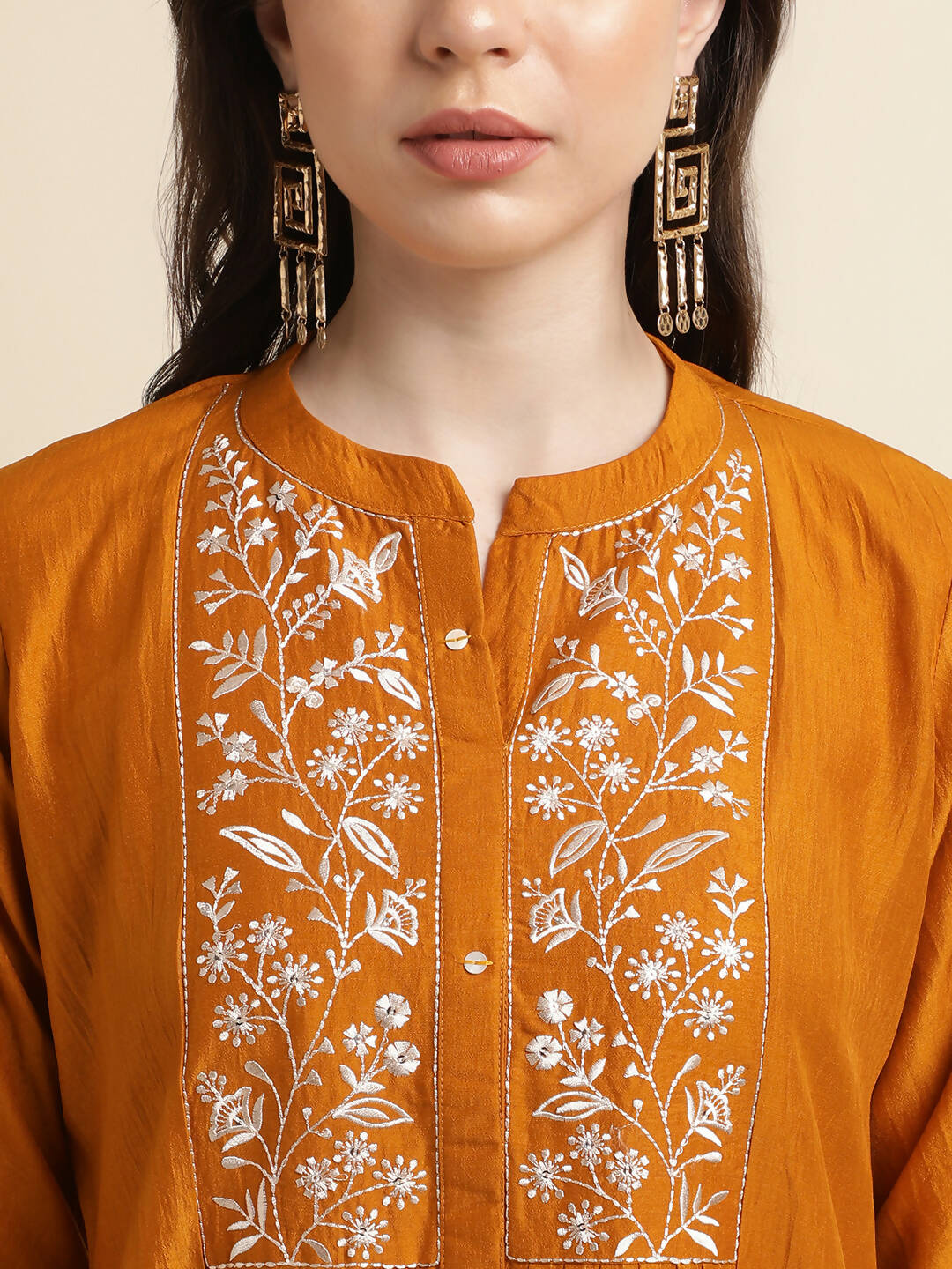 Mustard Chinon Yoke Embroidered A-line Top - Tarini | Grocsy